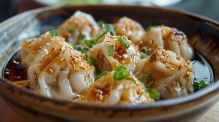 Wonton soup bowl. Shrimp or pork wonton soup with green onion. AI Generative