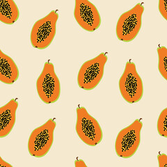 Papaya seamless pattern. Trendy summer background. Vector illustration in hand drawn flat style. Vector print for fabric or wallpaper.