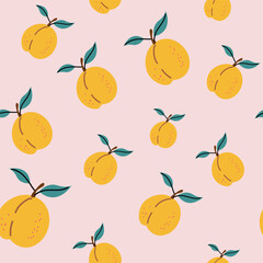 Seamless pattern with apricot. Trendy summer background. Vector illustration in hand drawn flat style. Vector print for fabric or wallpaper.
