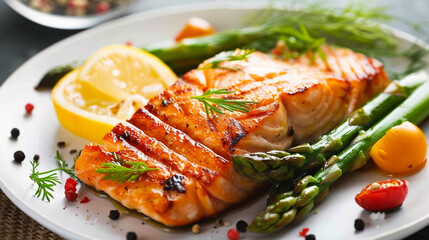 grilled salmon with asparagus, lemon and tomatoes