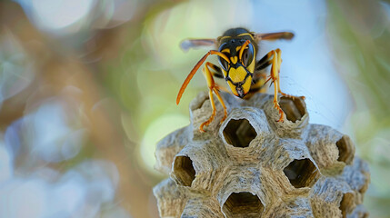 Wasp sitting on top of wasp nest close-up