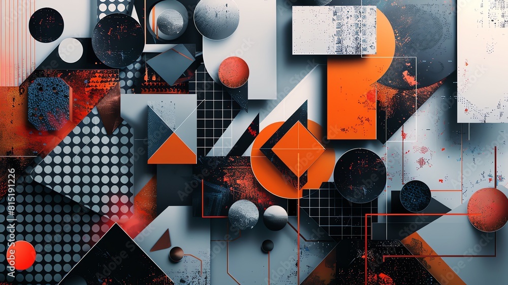 Poster 3d rendering of geometric shapes with a grunge texture. the shapes are arranged in a chaotic manner,