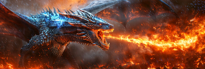 A flying blue dragon spitting hot fire in an epic battle © Flowal93