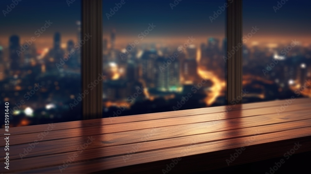 Poster wooden tabletop with blurred cityscape background. an image of table in front of urban city in night