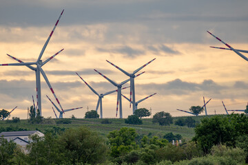 Windräder am Neusiedler See im Sonnenaufgang