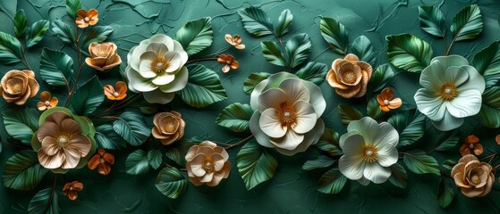 Fototapeta premium The plaster wall is decorated with volumetric decorative flowers in a dark green decorative texture.