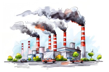 Exhaust from chimney of factory, industry smoke in city. Industrial building. Environmental pollution from harmful emissions. Watercolor illustration