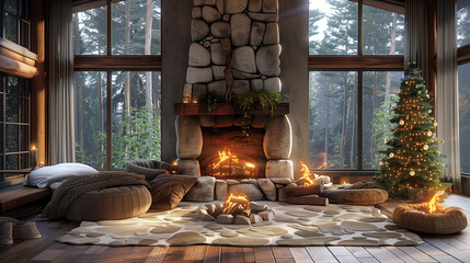 black living room inside modern log cabin, unreal engine style 5, transcendent nature,...