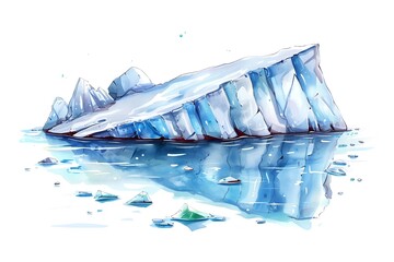 Melting iceberg, watercolor illustration. Melting of polar ice caps and resulting sea-level rise due to climate change. Climate crisis