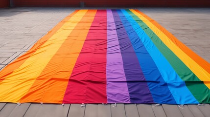 A large rainbow pride flag spread out on the ground representing diversity and equality