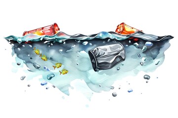 Water pollution, accumulation of plastic waste and death of aquatic life due to contamination, watercolor illustration. Sea, river, ocean with garbage - plastic bottles, wastes floating in water