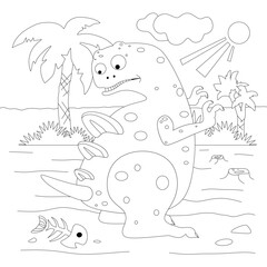 
Children's coloring book Dinosaur. Palm trees, sun, dinosaur and fish.