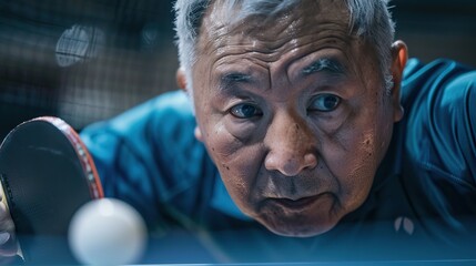 Senior male table tennis player intensely focused on returning a shot