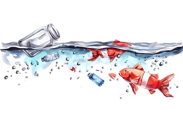 Water pollution, accumulation of plastic waste and death of aquatic life due to contamination, watercolor illustration. Sea, river, ocean with garbage - plastic bottles, wastes floating in water