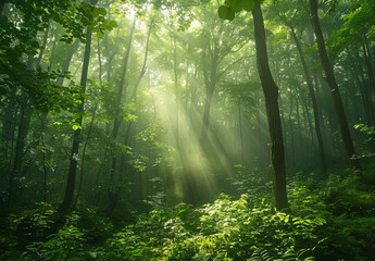 Naklejka premium Lush green forest with sunlight filtering through the trees