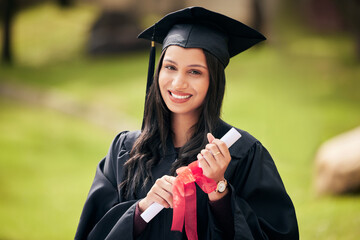 Graduation, portrait and happy woman with diploma outdoor for achievement, success or celebrate at...