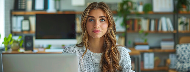 wide panoramic banner wallpaper image with pretty Caucasian business girl with brown hair and casual dress, working on an office table with laptop and looking at the camera with cute smile 