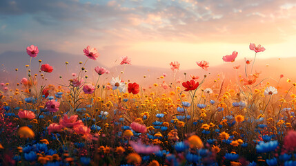 Fototapeta na wymiar Beautiful Colorful Meadow of Wild Flowers, Misty morning meadow with delicate wildflowers 