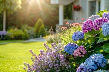 Obraz premium Beautiful garden with hydrangeas, sage and other plants in the foreground, grassy lawn in the background Generative AI