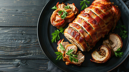 Whole baked turkey and minced meat roll wrapped
