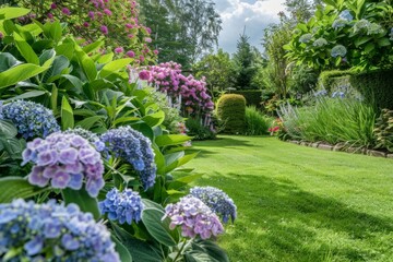 Obraz premium A lush, well-maintained garden with hydrangeas and sage plants in the foreground, surrounded by green grass under bright sunlight Generative AI