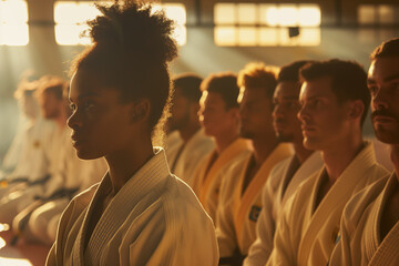 A black woman surrounded by men on judo training