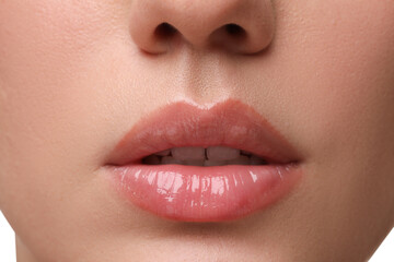 Obraz premium Woman wearing beautiful lip gloss, closeup view
