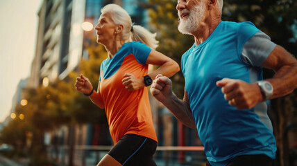 Fototapeta premium Attractive and cheerful senior couple in sport outfit running outdoor