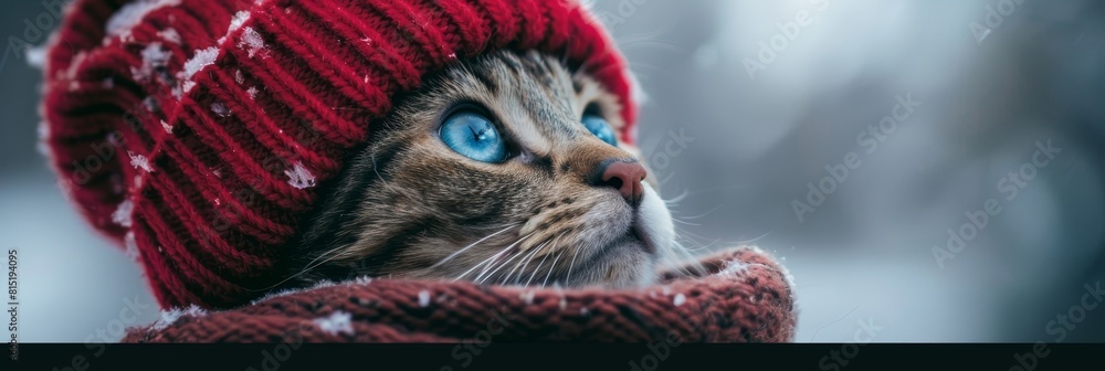 Poster charming cat in hat and scarf on autumn backdrop with ample space for text placement