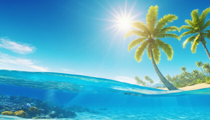 Obraz premium Sea background with blue tropical ocean above, sunny blue sky and palm tree, empty underwater background with the sun shining, creating giant surf waves in the sea waters. 3d rendering