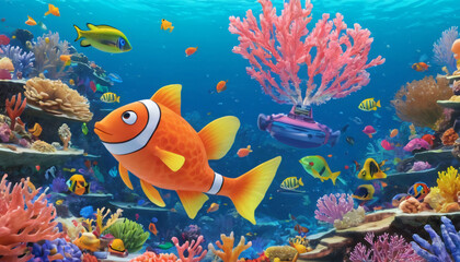 Naklejka premium summer coral reef fish and ocean 3d rendering