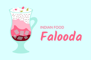 Indian food Falooda. Traditional dessert with sabji or chia seeds, milk, rose syrup and cream. Cold sweet drink in glass. Pakistani dish. Meals for Ramandan. Side view isolated. Vector illustration.