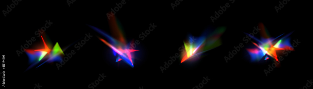 Poster rainbow light rays, lens flare, reflection effect from crystal, glass or gem. vector realistic illus