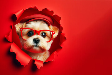 The muzzle of a small breed dog Pomeranian, lapdog, terrier, with red glasses in a torn hole of a red paper background with a place for text