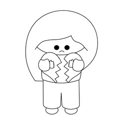 Cute cartoon girl with broken heart in black and white