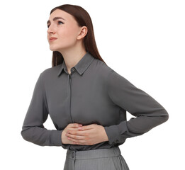 Woman suffering from stomach pain on white background