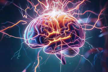 close up human brain showing neurons firing a lights with dark blue background