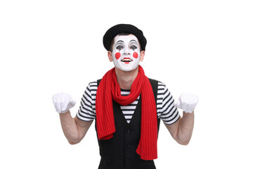 Funny mime artist in beret posing on white background