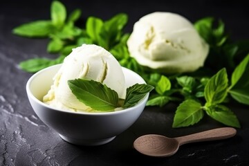 Refreshing lime basil gelato served in a white bowl with fresh basil leaves and wooden spoon. Lime Basil Gelato in White Ceramic Bowl