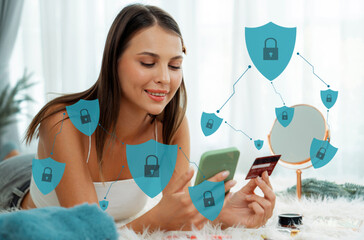 Elegant customer wear tank top relaxed controlling laptop screen opening hologram graphic interface...