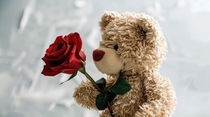 On Valentine s Day celebrated annually on February 14th a timid teddy bear is clutching a solitary red rose against a backdrop of white eagerly waiting to present it to someone special