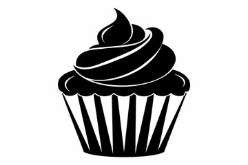 Black silhouette of cupcake isolated on white. Minimalist graphic illustration. Concept of dessert, baking, sweet food. Icon, pictogram, template, sign, logotype, print, design element