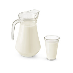 Glass and jug with milk isolated on white