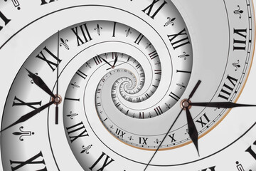 Infinity and other time related concepts. White clock face with roman numerals twisted in spiral,...