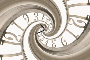 Infinity and other time related concepts. White clock face twisted in spiral, fractal pattern