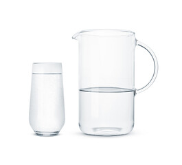 Glass and jug with water isolated on white