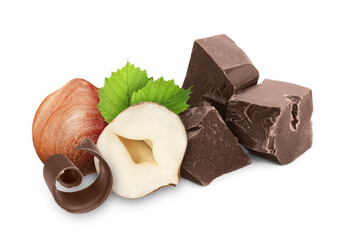 Milk chocolate and hazelnuts isolated on white