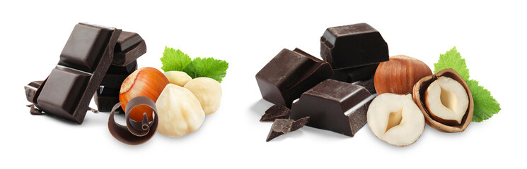 Dark chocolate and hazelnuts isolated on white