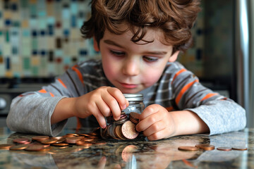 Young Boy Putting Coins Into a Jar
