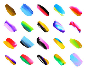 Set with paint samples of different colors isolated on white, top view